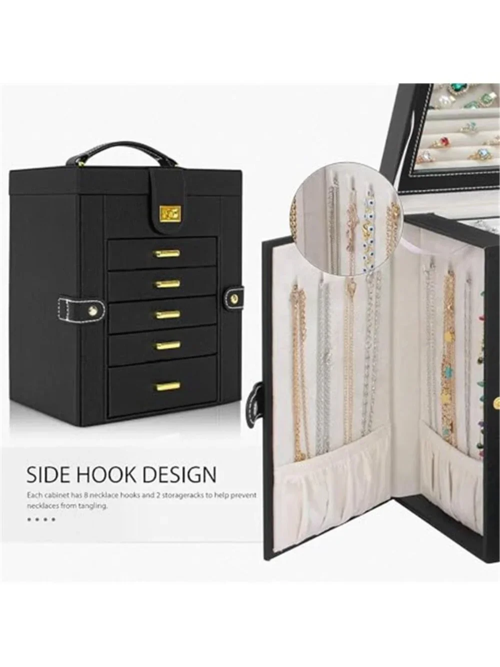 6 Tier Jewelry Box Organizer Leather Storage Case Drawers Mirror Rings Earrings